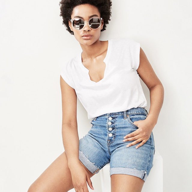 Summer look to live in: high rise denim shorts and a cool white tee. Tap to shop. #GapDenim