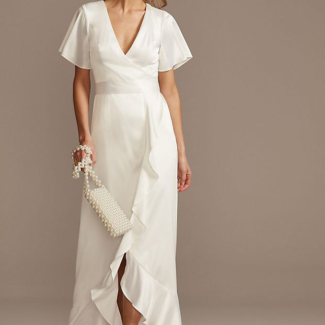 Flutter Sleeve Stretch Satin Dress with Ruffle Hem | David's Bridal
